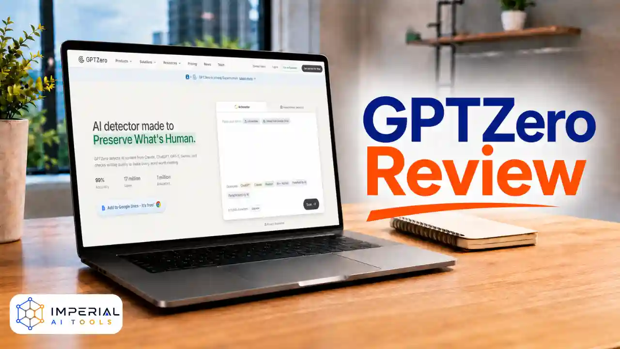 GPTZero Review featured image with a laptop displaying the GPTZero AI content detector in a modern office workspace.