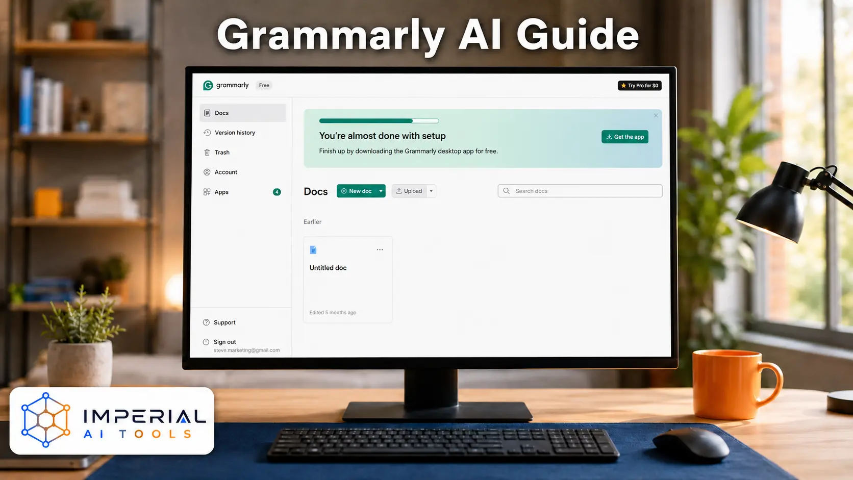 Grammarly AI Guide showing Grammarly writing assistant interface with AI-powered document tools on a desktop monitor