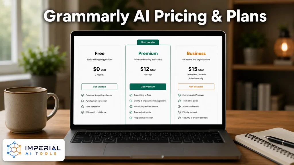 Grammarly AI pricing and plans displayed on a laptop, showing Free, Pro, and Enterprise options on a modern office desk.