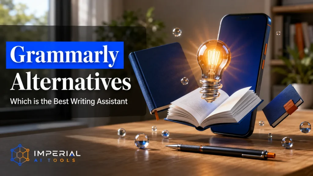 Grammarly Alternatives banner showing a smartphone, open book, glowing lightbulb and writing tools for AI writing assistants