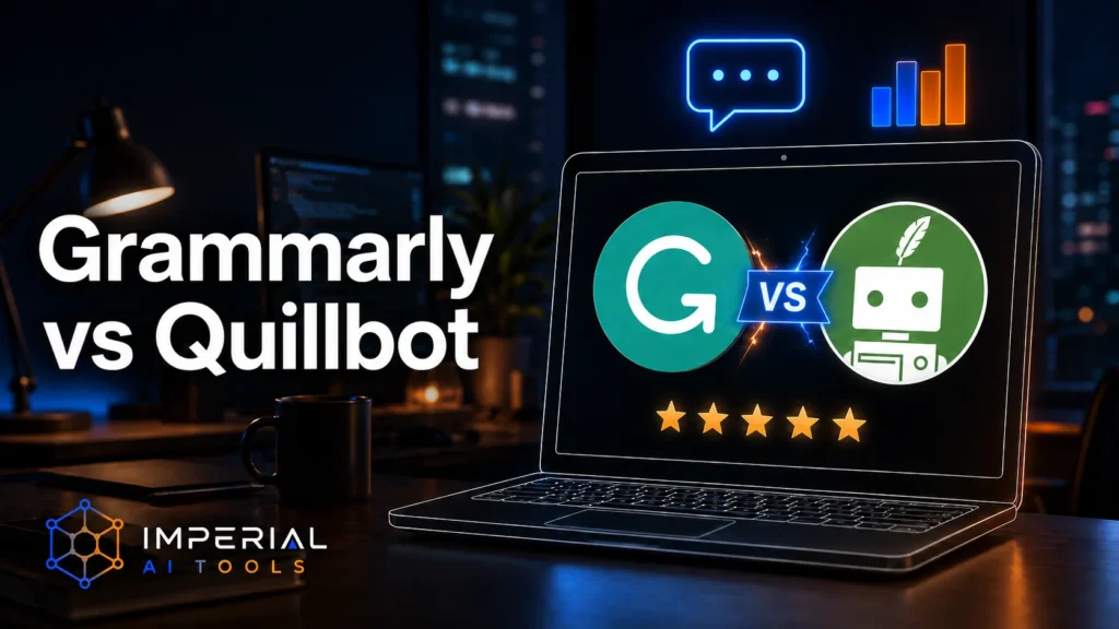 Grammarly and QuillBot AI writing assistants competing in a visual comparison with VS symbol.
