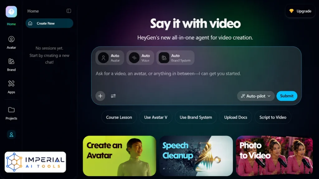HeyGen AI video creation dashboard showing avatar, voice, brand system and photo-to-video tools.