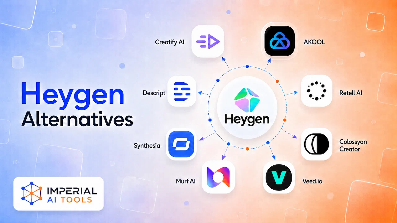 HeyGen alternatives infographic comparing Creatify AI, AKOOL, Retell AI, Colossyan Creator, VEED.io, Murf AI, Synthesia and Descript.