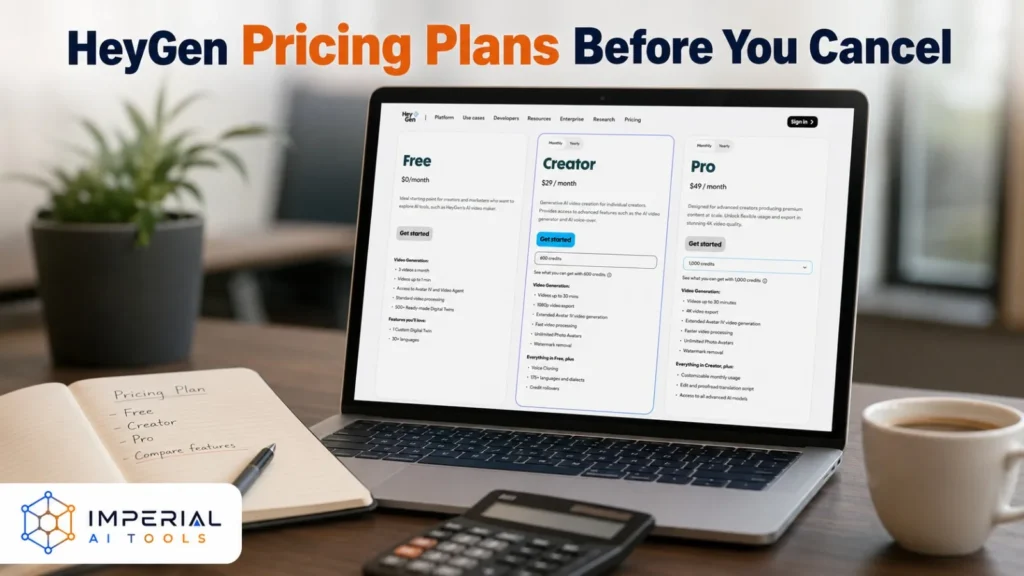 Laptop displaying HeyGen Free, Creator and Pro pricing plans before subscription cancellation.