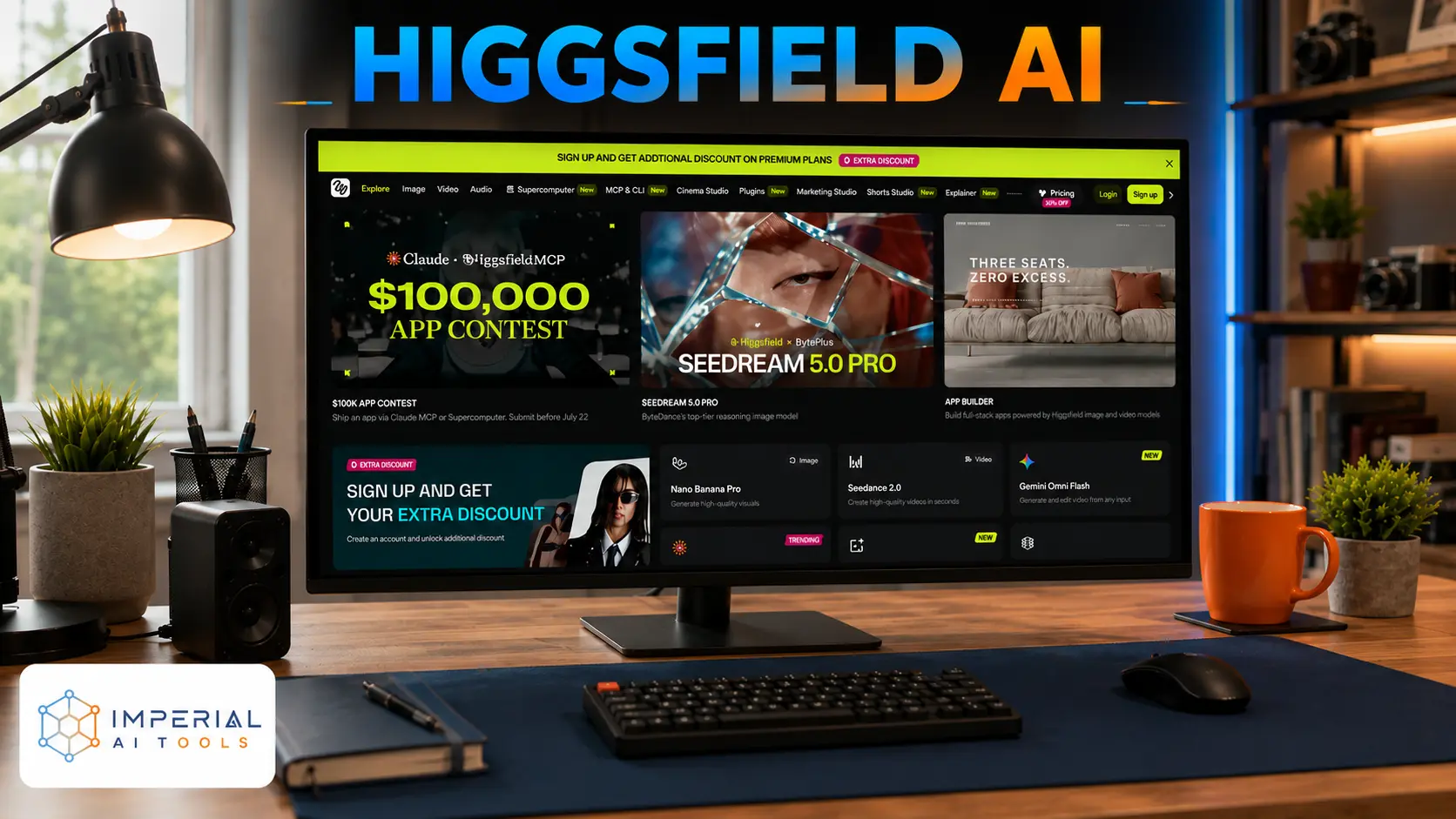 Modern desktop workspace with a monitor displaying the Higgsfield AI platform, featured tools, AI models, and creative content options.