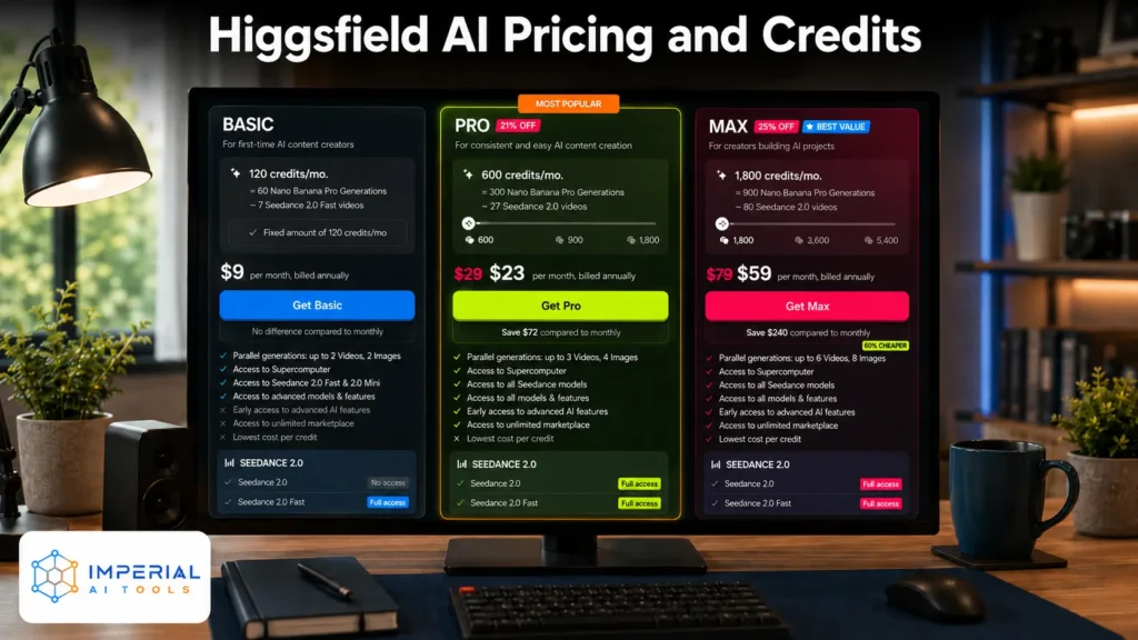 Higgsfield AI pricing comparison showing Basic, Pro, and Max plans with monthly credits, annual prices, generation limits, and Seedance 2.0 access.