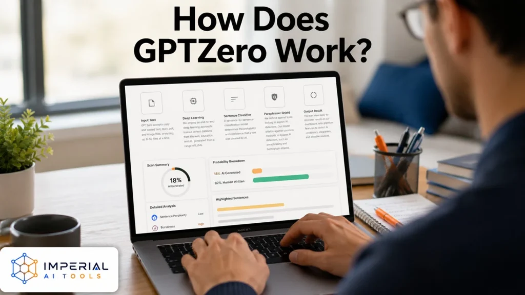How GPTZero works on a laptop showing an AI-generated score, probability breakdown and highlighted sentences