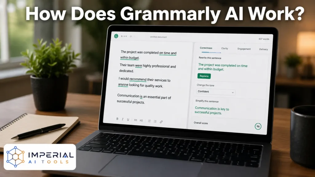 Modern desk setup with a laptop displaying an AI writing assistant interface featuring grammar corrections and rewrite suggestions, titled “How Does Grammarly AI Work?” with the Imperial AI Tools logo in a white rounded box at the bottom left.