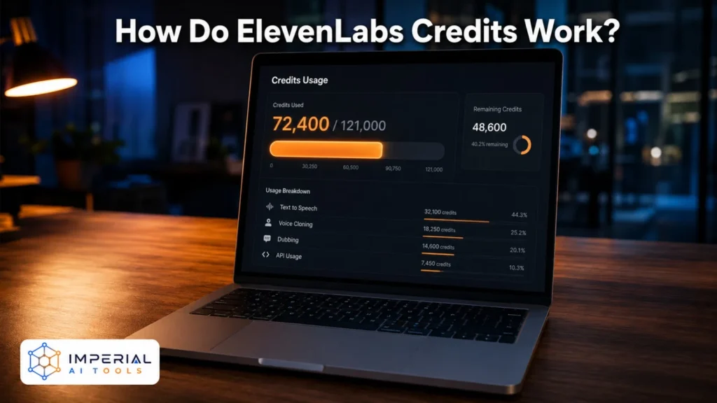 Laptop showing an illustrative ElevenLabs credit usage dashboard with used and remaining credits.