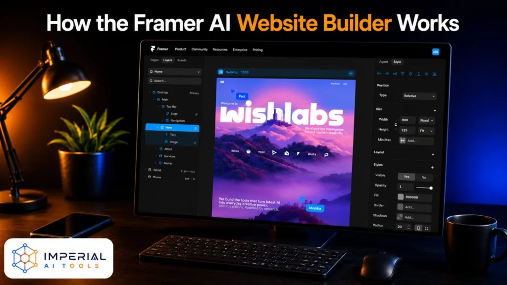 Framer AI website builder interface displayed on a desktop monitor in a modern workspace.