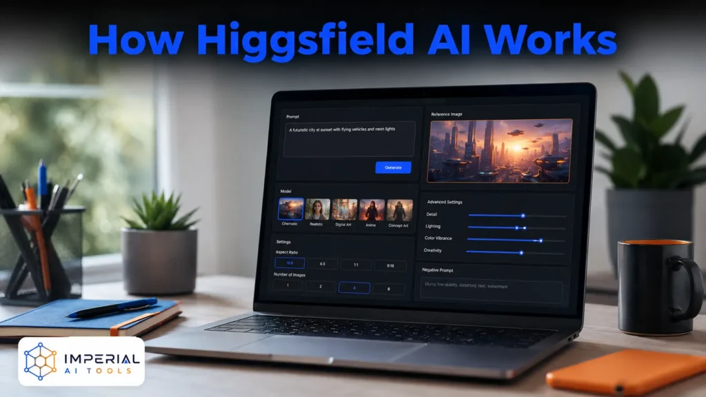Laptop displaying a Higgsfield AI workflow with a prompt box, reference image, model selection, aspect ratio options, and advanced generation settings.