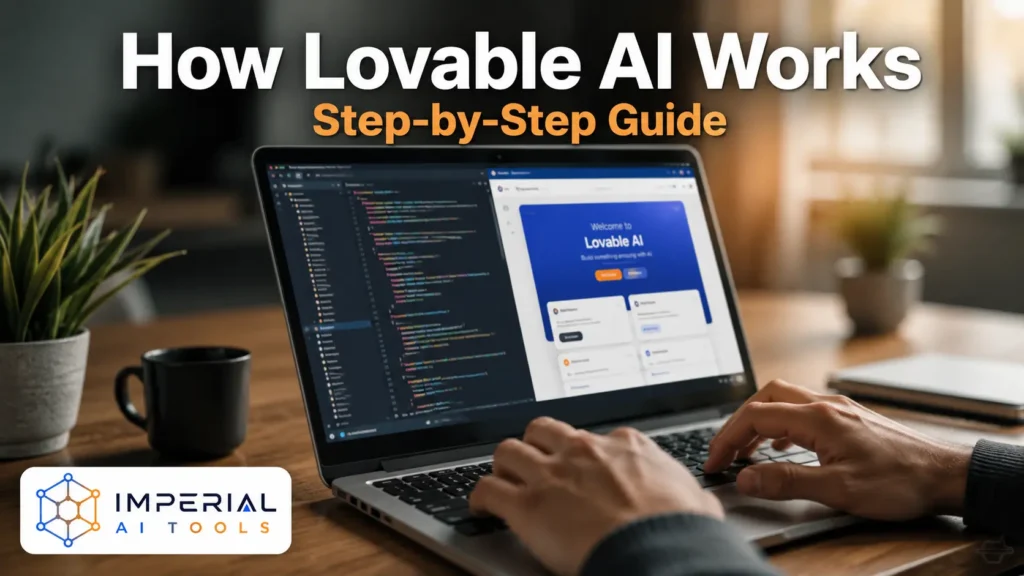 How Lovable AI works step-by-step showing AI app development with code editor and website preview on a laptop