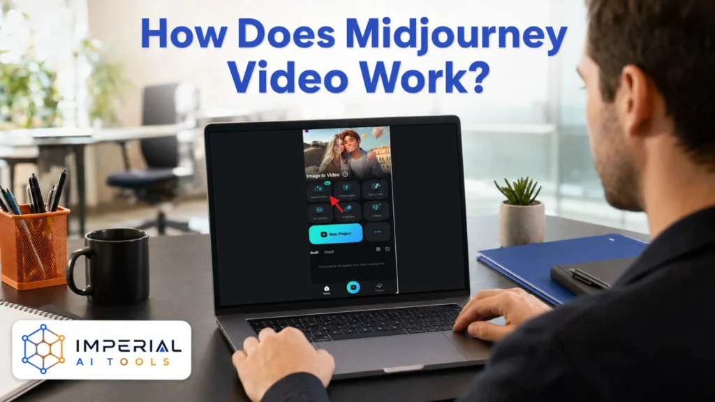 Creator using a laptop to explore how Midjourney Video transforms a starting image into an AI-generated video.