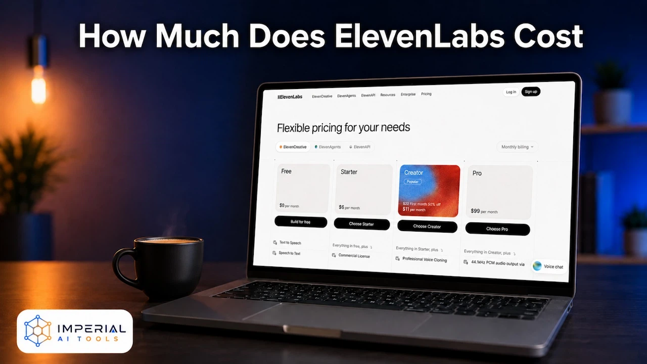 Laptop showing the ElevenLabs pricing page with Free, Starter, Creator and Pro plans beneath the heading “How Much Does ElevenLabs Cost?”