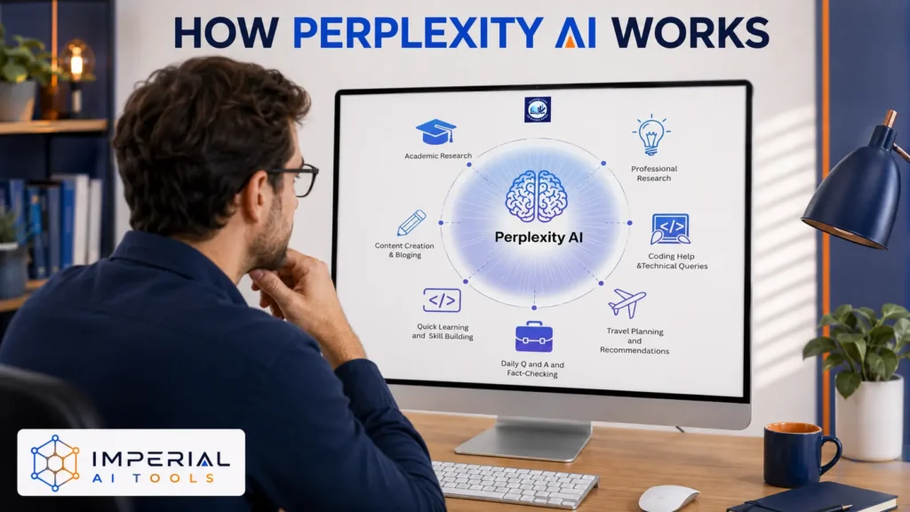 Professional viewing a Perplexity AI diagram showing research, content creation, coding, learning, fact-checking, and travel-planning uses.