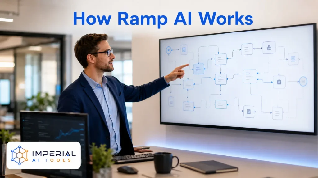 Finance professional pointing to a digital workflow diagram explaining how Ramp AI automates finance processes.