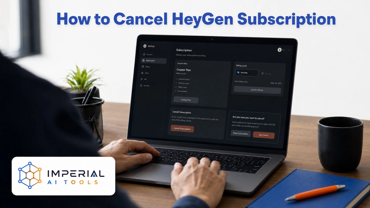 User opening HeyGen subscription settings on a laptop to cancel the Creator plan.