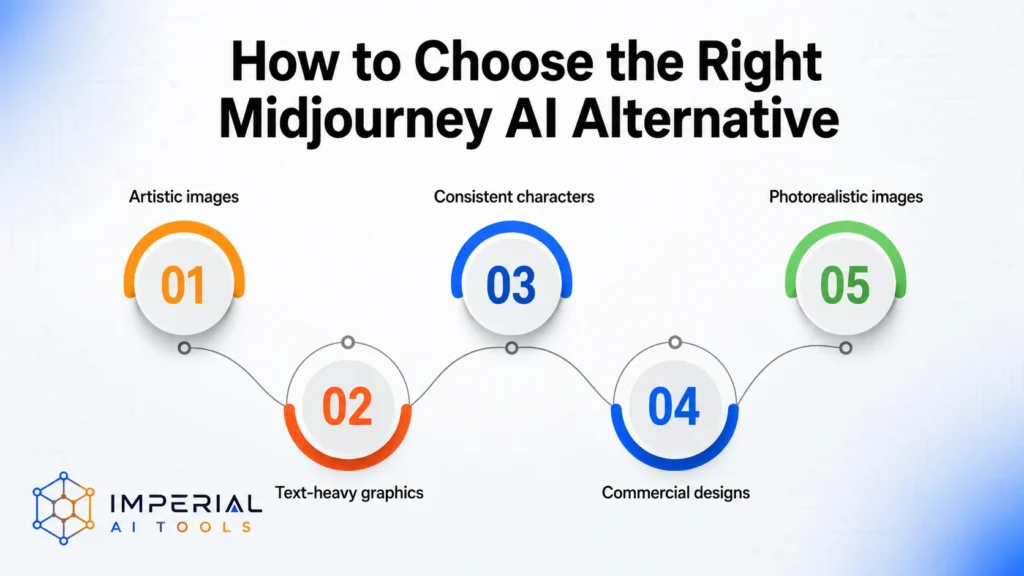 Timeline infographic showing five factors for choosing a Midjourney AI alternative, from artistic and photorealistic image quality to text graphics and commercial design needs.