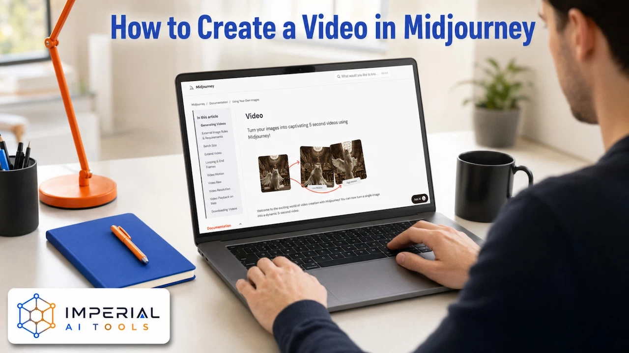Person following the Midjourney Video documentation on a laptop to create an AI video from a still image.