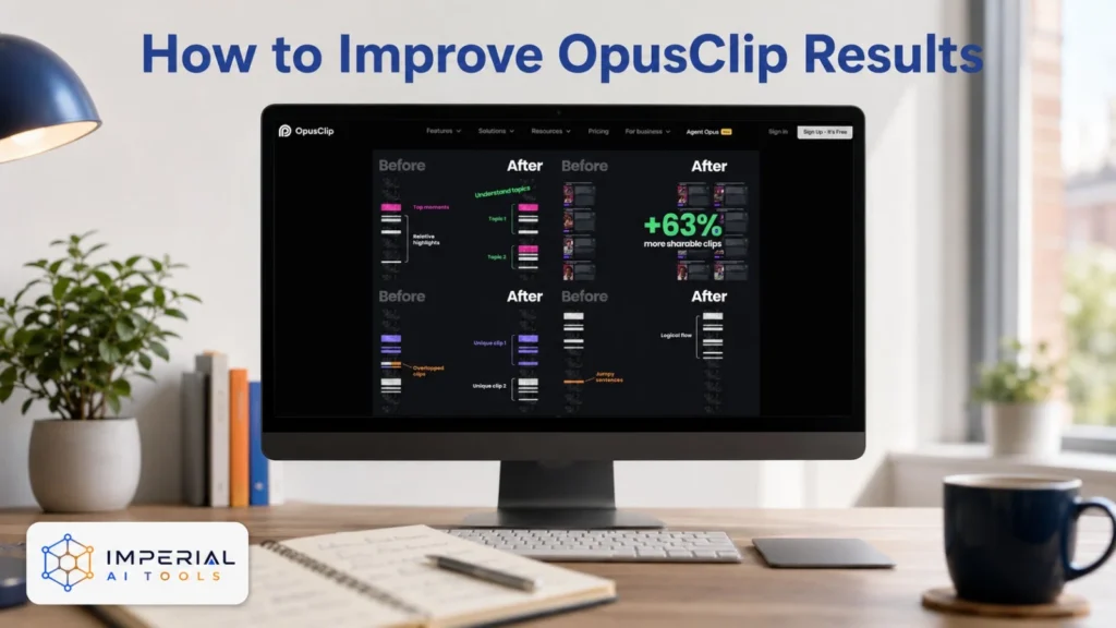 Desktop monitor showing before-and-after OpusClip results with a 63% increase in shareable clips.