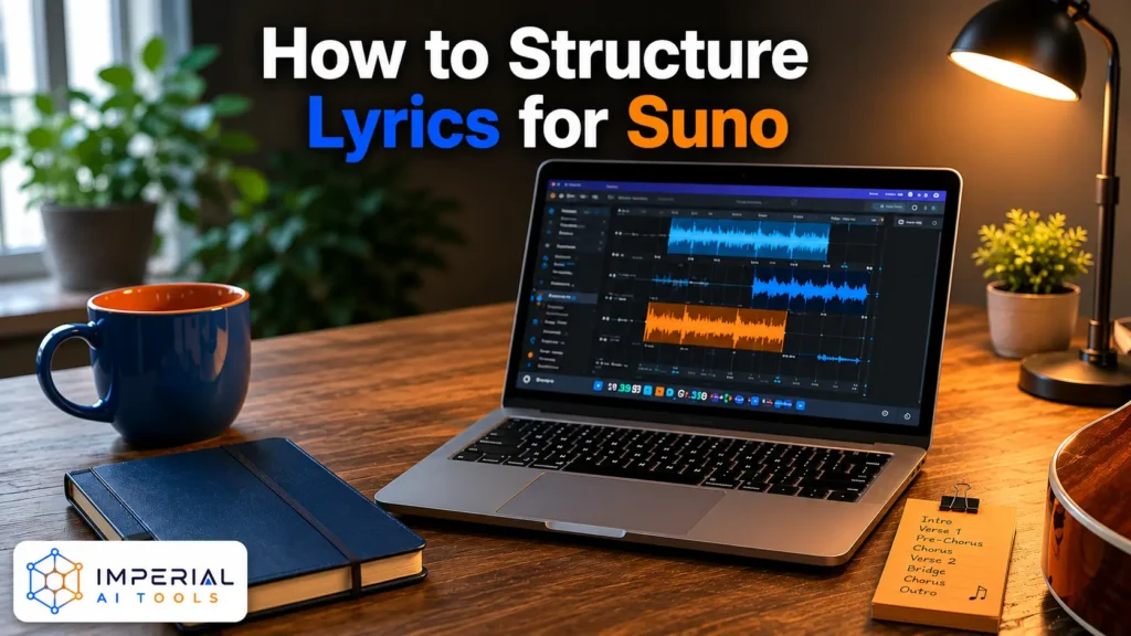 image with the title 'How to Structure Lyrics for Suno' displayed at the top center above a laptop. The scene features a warm home-studio workspace with a laptop showing audio-editing software, a coffee mug, a notebook, a desk lamp, a guitar, and the Imperial AI Tools logo in the bottom-left corner.