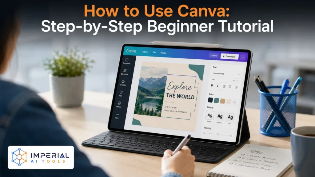 Beginner editing a travel design in Canva on a tablet during a step-by-step tutorial.