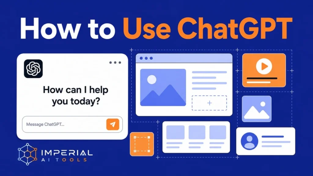 How to use ChatGPT guide showing AI chatbot interface, prompts, images, and productivity features for beginners