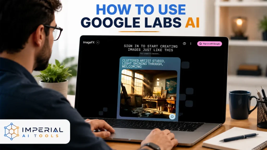 Professional using Google Labs ImageFX to create an AI-generated image on a laptop.
