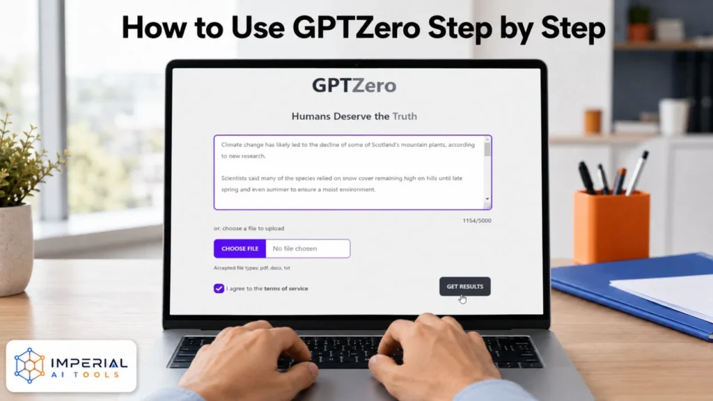 How to use GPTZero step by step on a laptop, showing the text input, file upload and Get Results button