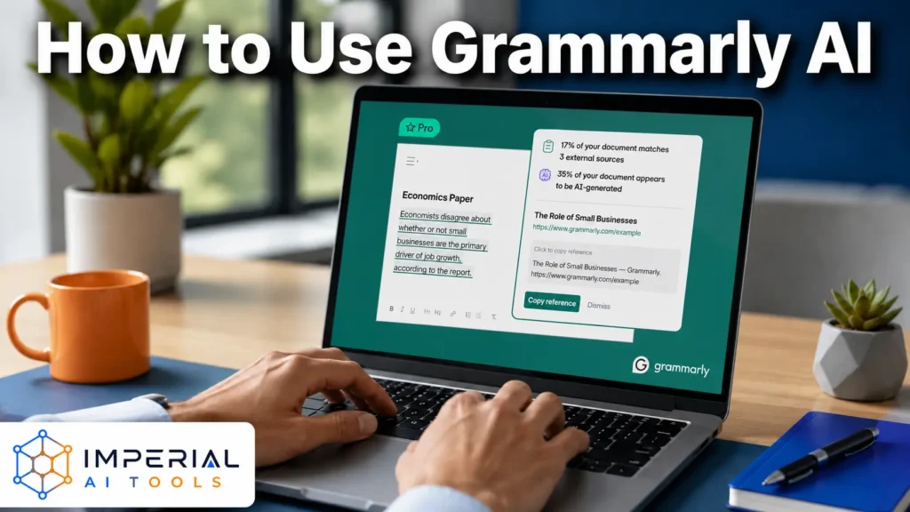 Person using Grammarly AI on a laptop to check plagiarism, detect AI-generated text, and copy writing references.