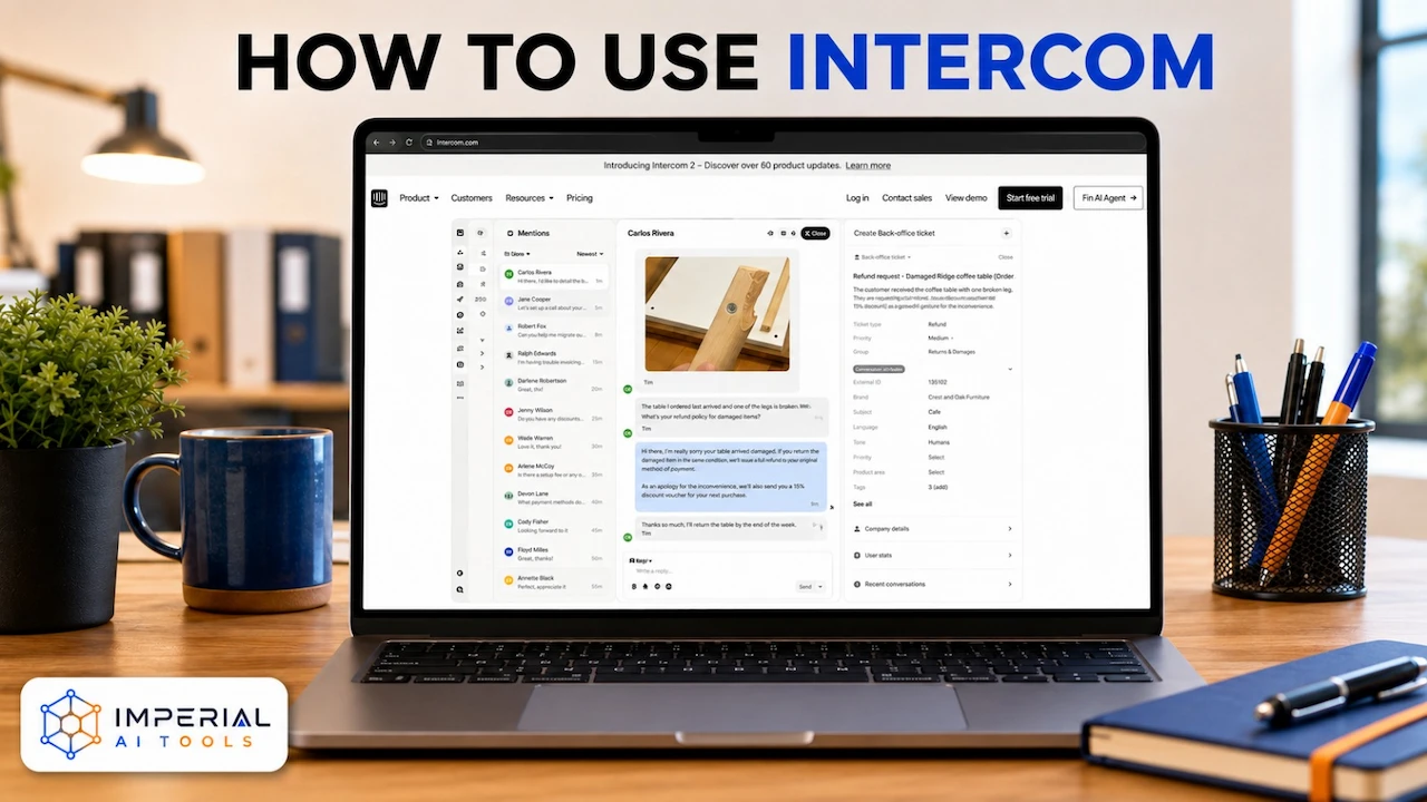 Intercom inbox interface on a laptop showing customer conversations, replies and support ticket details.