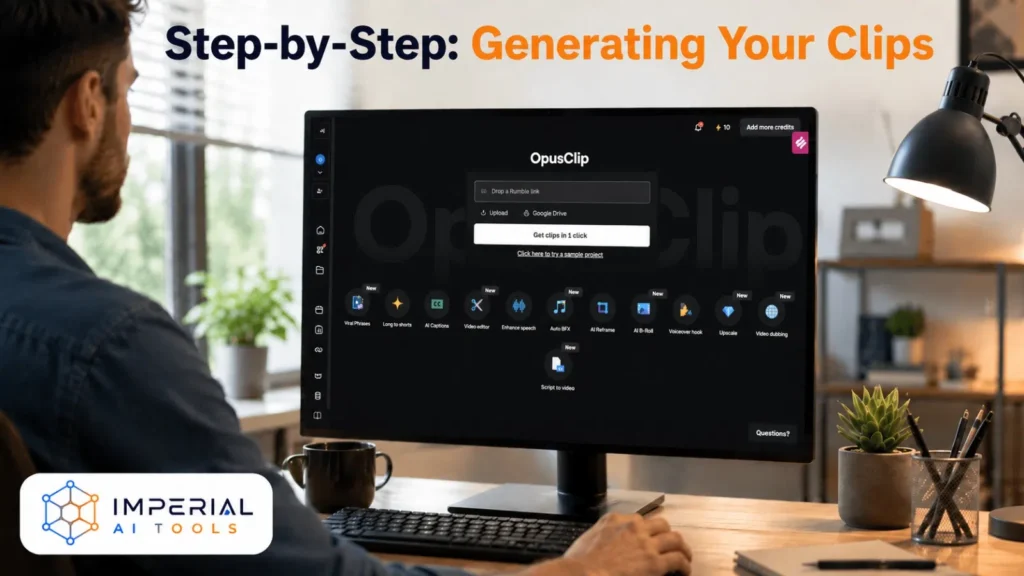 Creator using the OpusClip dashboard to upload a video and generate short clips step by step.