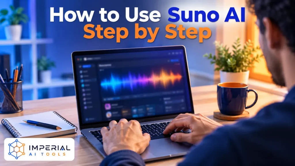 Person using a laptop with an AI music-generation interface, illustrating the step-by-step Suno AI workflow for creating songs.