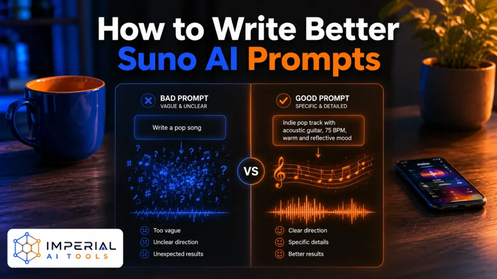 Wooden desk workspace featuring a comparison of bad and good Suno AI prompts, with a blue coffee mug, smartphone, and a clear visual showing how specific prompts produce better music generation results under the title 'How to Write Better Suno AI Prompts