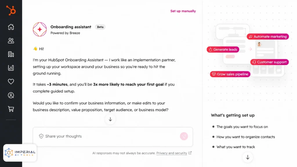 HubSpot onboarding assistant dashboard showing guided CRM workspace setup options