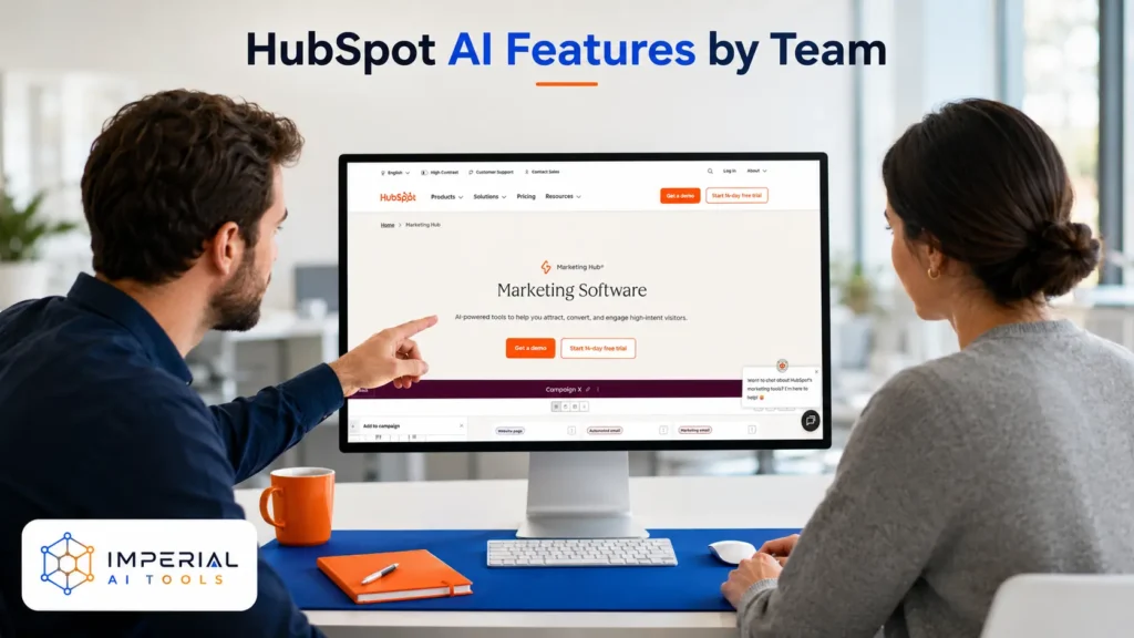 Two professionals reviewing HubSpot AI marketing features on a desktop monitor in a modern office, with blue and orange workspace accents and Imperial AI Tools branding.