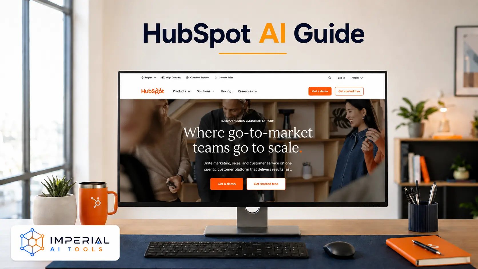 HubSpot AI Guide featured image showing a desktop monitor displaying the HubSpot platform dashboard in a modern office workspace with Imperial AI Tools branding.