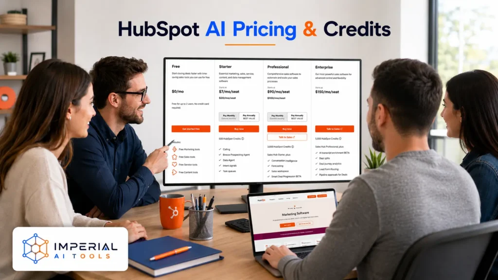 Business team reviewing HubSpot AI pricing plans and credits on a large display screen during a collaborative office meeting with Imperial AI Tools branding.