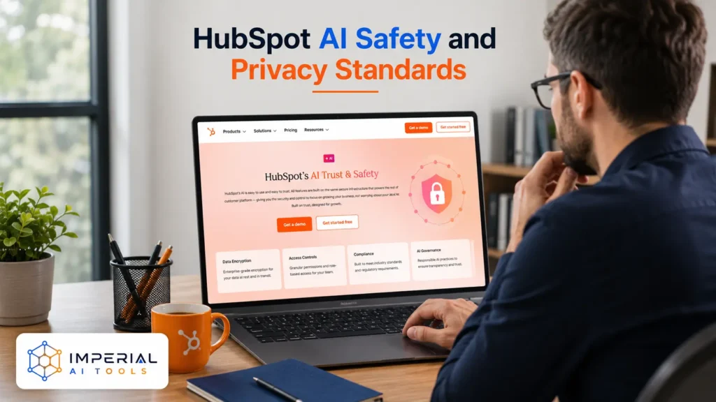 HubSpot AI Safety and Privacy Standards featured image showing a professional reviewing AI trust, security, and privacy settings on a laptop in a modern office workspace with Imperial AI Tools branding.