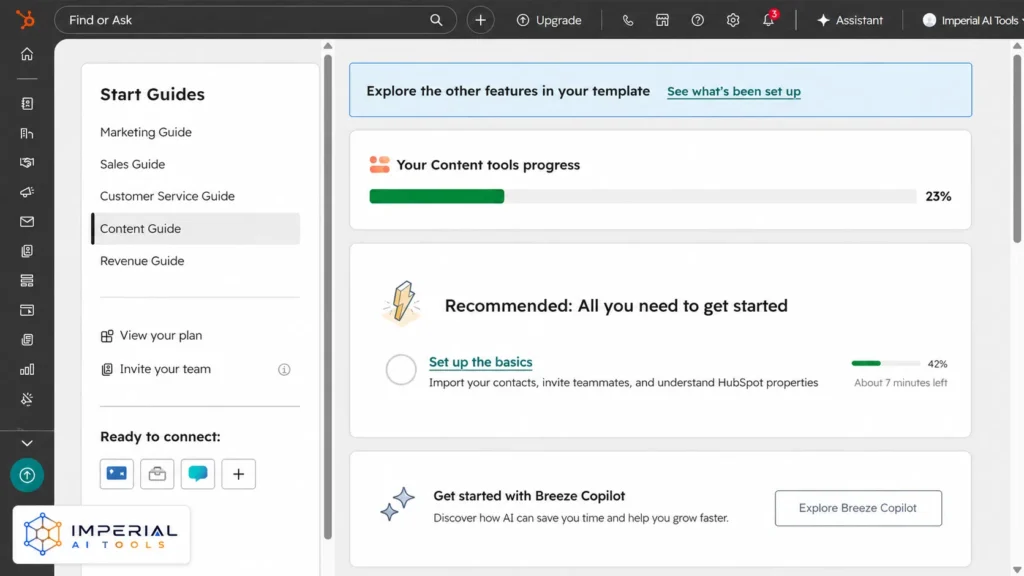 HubSpot content tools dashboard showing setup progress, content guides and Breeze Copilot