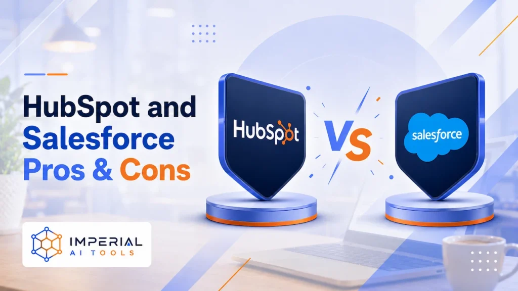 HubSpot vs Salesforce pros and cons comparison graphic for CRM software buyers