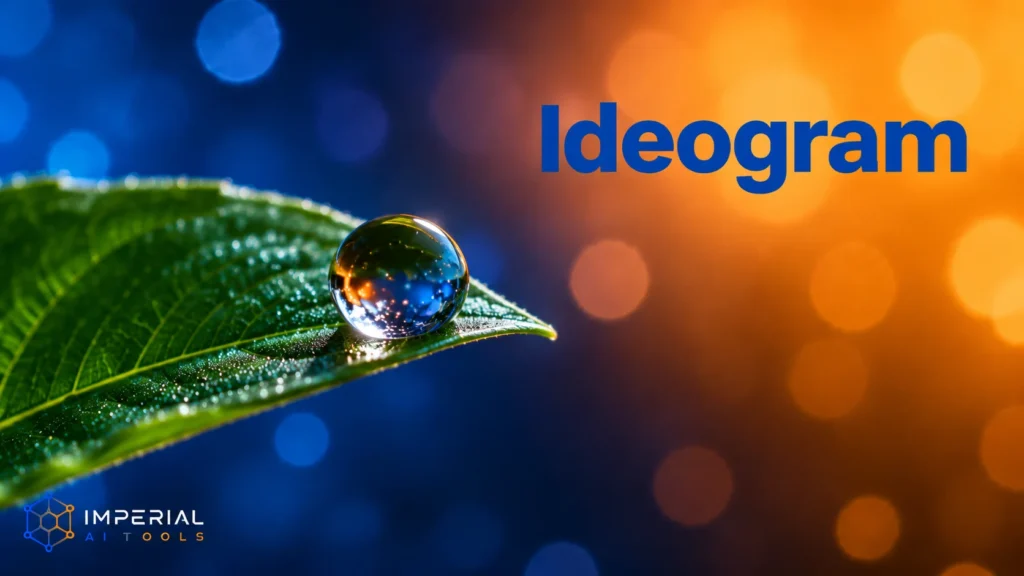 Ideogram AI image generator example featuring a realistic water droplet on a green leaf with blue and orange bokeh background.