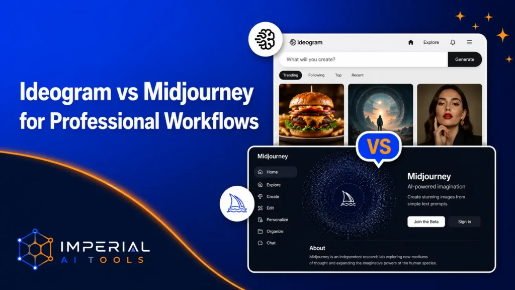 Ideogram vs Midjourney for professional workflows showing AI image generator interfaces with Imperial AI Tools branding.