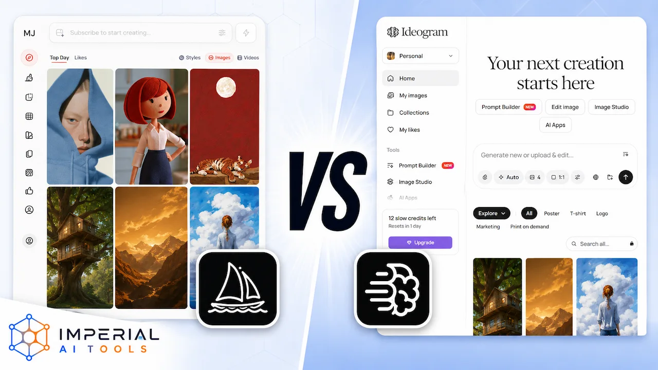 Midjourney vs Ideogram AI image generator comparison with Imperial AI Tools branding.