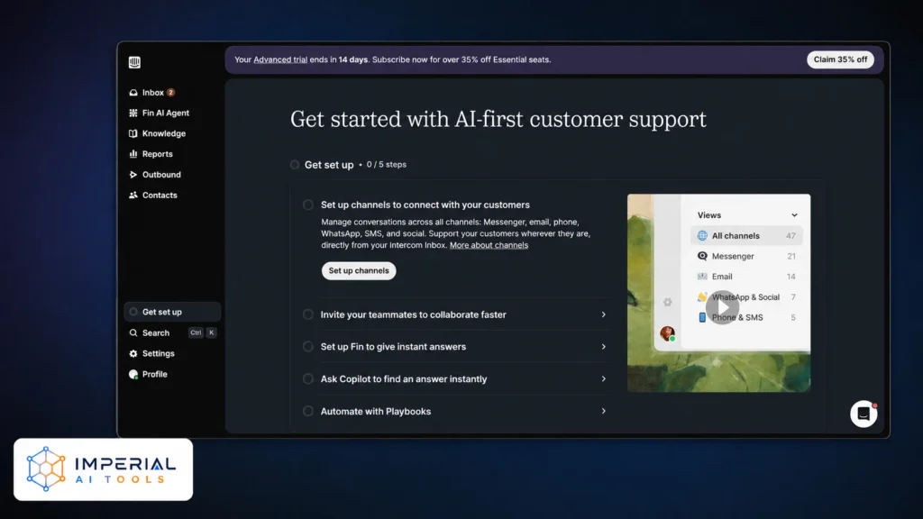 Intercom AI customer support dashboard showing inbox, channels, contacts and Fin AI Agent setup options.