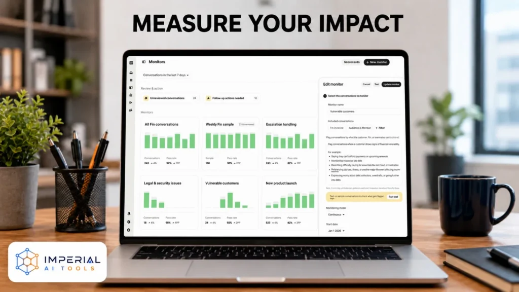 Intercom monitoring dashboard displaying conversation reviews, pass rates and customer support performance data.