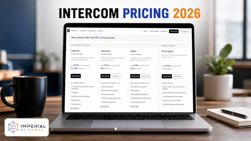 Intercom pricing plans for 2026 displayed on a laptop, including Essential, Advanced, Expert and Fin AI Agent.