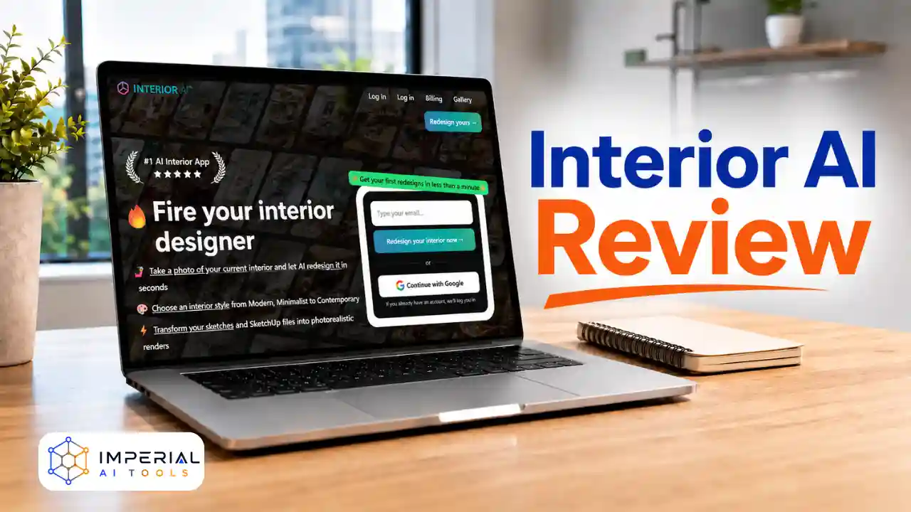 Interior AI review displayed on a laptop with the Interior AI homepage open in a modern office.