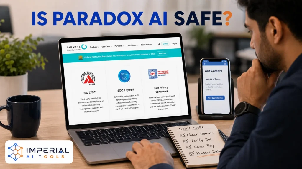 Recruitment team reviewing Paradox AI features and video interviewing tools on a presentation screen.