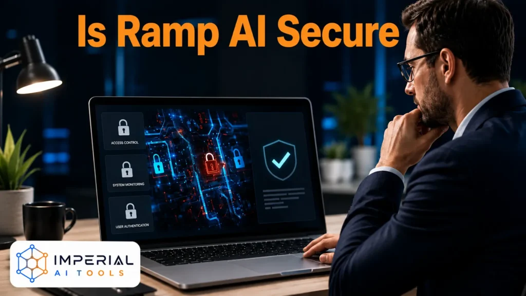 Finance professional reviewing Ramp AI security controls, user authentication, system monitoring, and approval protection on a laptop.
